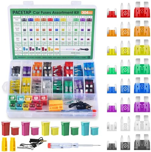 304Pcs Car Fuses Assortment Kit Include Standard & Small & Low Profile Fuses Size, Automotive Low and Tall/STD Profile Box Shaped Assorted Fuse with Puller for Trucks, Cars and SUV, Boat