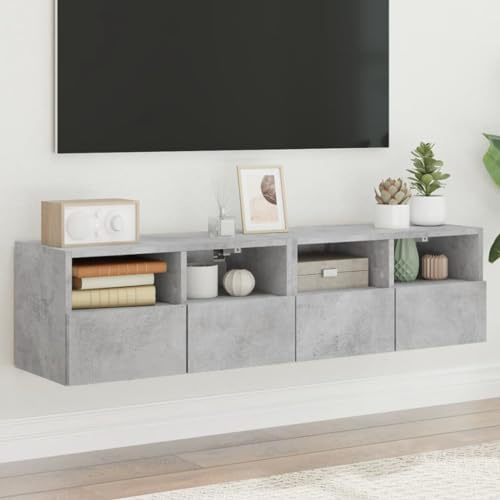 HXRAXINWN Floating Wall Shelves,2 Set Wall Cabinets, Wall Mounted TV Unit, Kitchen Bedroom Floating Cabinet with Pull-Down Door & Open Cubes, Under TV Shelf for Living Room (Grey)