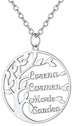 U7 Bijou pour Maman Collier 4 Prénoms à Graver Arbre de Vie Famille Pendentif Arbre Généalogique Prénom Enfant Personnalisé Acier Inoxydable Bijoux pour Famille Maman Grandmère