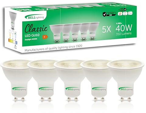 BELL Lighting GU10 Energy Saving LED Spotlight Bulbs Daylight White 5 Pack | Energy saving GU10 LED spotlight bulbs with 6000K daylight white light, 350lm brightness and 38 degree beam for downlights.