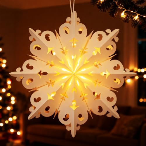 Kssvzz 60cm Weihnachtsstern Beleuchtet, 3D Papierstern zum Aufhängen mit Beleuchtung, Weihnachtsdeko Fenster Innen