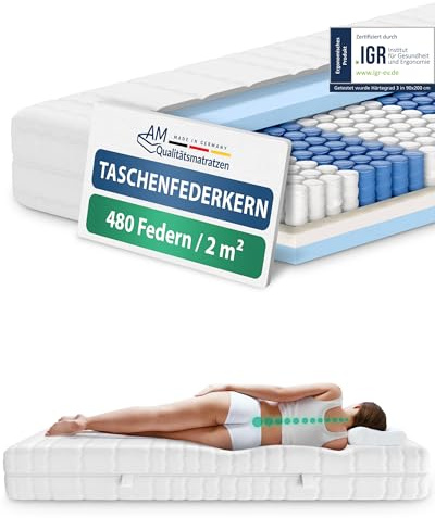 AM Qualitätsmatratzen 7 Zonen Taschenfederkernmatratze 140x200cm H4 - Made in Germany - Ergonomische Federkernmatratze 140x200 mit waschbarem Bezug - Oeko TEX zertifizierte Matratze 140x200 20cm hoch