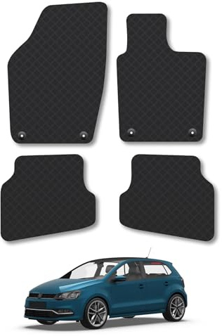 VW Polo (2009-2017) Rubber Car Mats Accessories Tailored Fit Compatible Accessory Waterproof Protection Non-Slip Floor Mats Full Coverage Durable Front Rear Set Coverage with Clips