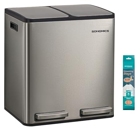 SONGMICS 2 x 4 Gallon (2 x 15 L) Kitchen Bin, 2-Compartment Recycling Bin with 15 Rubbish Bags, Removable Inner Buckets, Lid, Handles, Soft Close, Stainless Steel, Silver LTB130EZ01