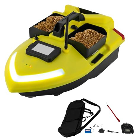 ROGONPDK 12000mAh GPS Fischköderboot mit 2 Köderbehältern, Futterboot, Drahtloses Köderboot, Fishköder Boot mit 2 Hoppers, Ferngesteuertes Fischköder-Boot, Doppelmotoren Baitboat (Gelb)
