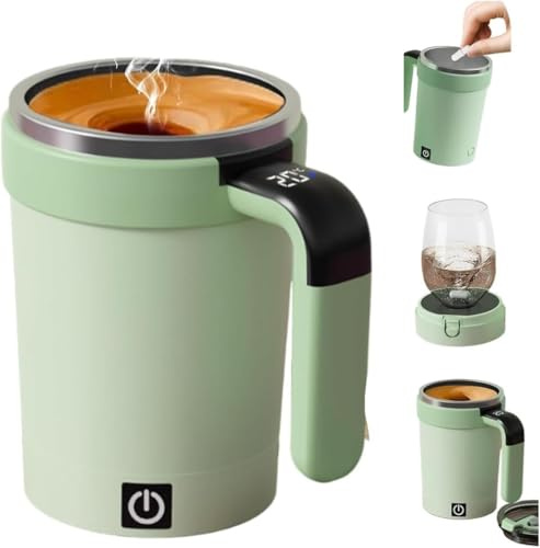 Magnetic Stirring Cup, Heated Travel Mug with Smart Temperature Control, Portable Drink Mixer, USB-C Rechargeable, One-Handed Design, Removable Base for Coffee, Tea and Beverages (Light Green)