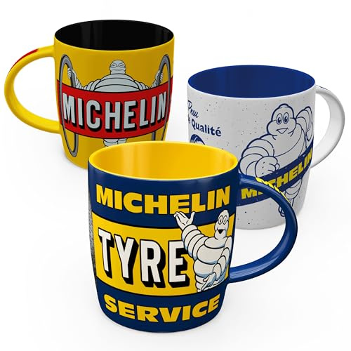 Nostalgic-Art Retro Kaffeebecher (3er-Set), 330 ml, Michelin Set 2 | Original MICHELIN Lizenzprodukt (OLP), Keramik-Tasse für Kaffee, Vintage Design, Reifen-Deko, Geschenk-Idee für Motor-Fans