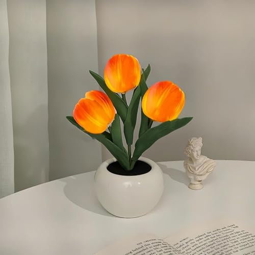 LED-Tulpen-Nachtlicht-Blumen-Tischlampe, LED Tulip Night Light Flower Table Lamp, Künstliche Tulpen-Tischlampe mit Keramikvase, Simulierte LEDs Tulpenlampe für Schlafzimmer und Wohnzimmer (Orange)