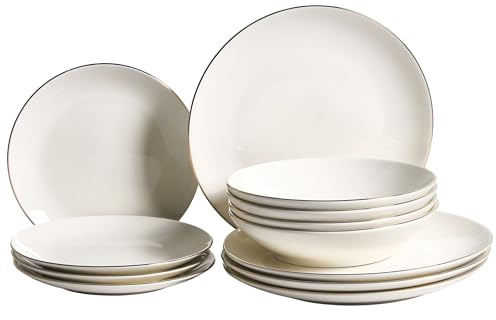 Servizio da tavola da 12 pezzi in porcellana con finitura a smalto trasparente, bordo decorativo color bianco sporco e oro o