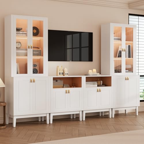 VOWNER TV-Schrank mit LED, 240cm B Wohnwand für TV bis 50 Zoll, TV Board Set mit Glastüren & Bücherregalen, Fernsehschrank Auch Als Küchenschrank Nutzbar, 240 x 180 x 40 cm (Weiß, 4PCS)