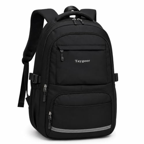 Taygeer School Bag for Boys, Lightweight Backpack for Teenage Boys Men | School Backpack Secondary with 11 Pockets, Water-Resistant Black Backpack, Fits 15.6 Laptop, School & Travel Daypack, Black
