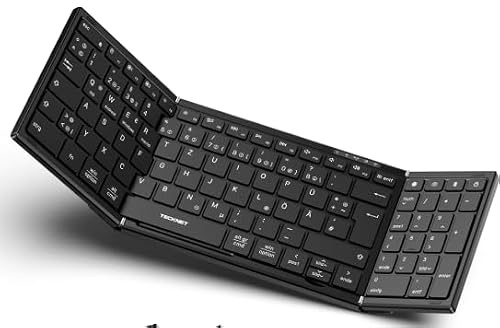 TECKNET Faltbare Bluetooth Tastatur QWERTZ mit Ziffernblock, Wiederaufladbar, Volle Größe, Verbindet bis zu 3 Geräte, Tragbare Mini-Tastatur für iPad, iOS, Android, Windows Laptop & Tablet