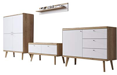 mb-moebel Moderne Wohnwänd Wohnzimmer Skandinavische Möbel Schrankwand mit LED Rubin Set 2 - Riviera Eiche+Weiß