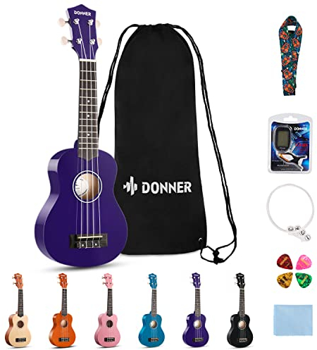 Donner Ukulele für Anfänger Sopran Ukulele Kit 21 Zoll Lila mit Nylon Saiten Hawaii Gitarre