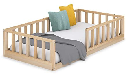 Cama Infantil Tipo Montessori Nube, con somier y Barrera barandilla, en Madera Natural para niño y niña, 90x190 cm
