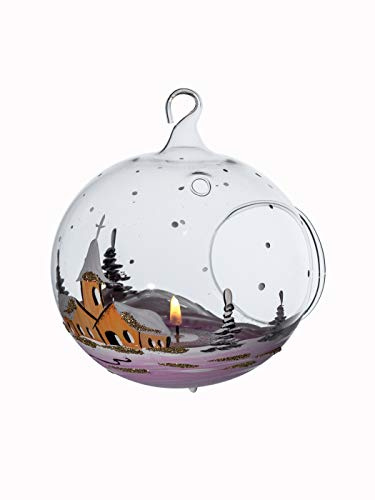Windlicht Kugel Glaskugel für Teelicht rot mundgeblasen mit Winterlandschaft handbemalt Lauscha