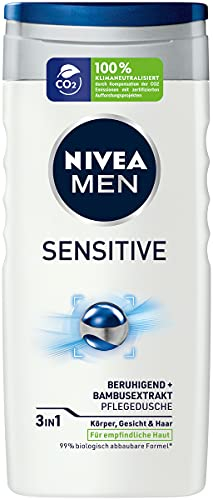 NIVEA MEN Douche de soin Sensitive (250 ml) - Gel douche rafraîchissant et nourrissant au lait de bambou - Douche hydratante pour les peaux sensibles des hommes