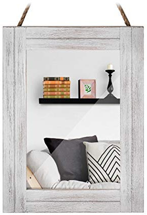 DECORKEY Rechteckiger Wandspiegel, Badezimmerspiegel für die Wand, abgenutztes weißes Holz, Hängespiegel, Wanddekoration mit Seil zum Aufhängen, für rustikale Wohnkultur, Wohnzimmer, 30.5x40.6 cm