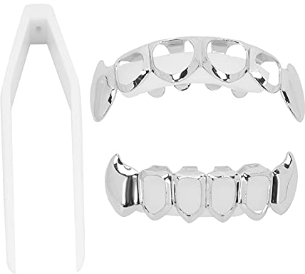 Grillz Zahnspange, Hip Hop Teeth Grill Set, Hohle Beschichtung Zahnspange Modische Metallzähne Dekoration Schmuck, für Party Halloween Festival(Silber)
