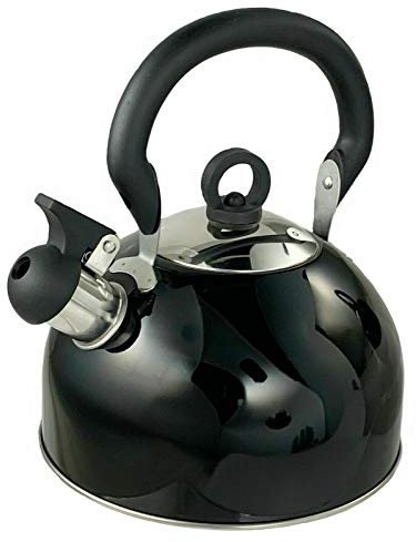 DWD ® Whistling Stainless Steel 2.5 Litre Travelling Kettle I Folding Handle I Flip & Pour Spout Cap I Camping Fishing Caravan Holiday Home I Retro Classic Lightweight (Metallic Black)