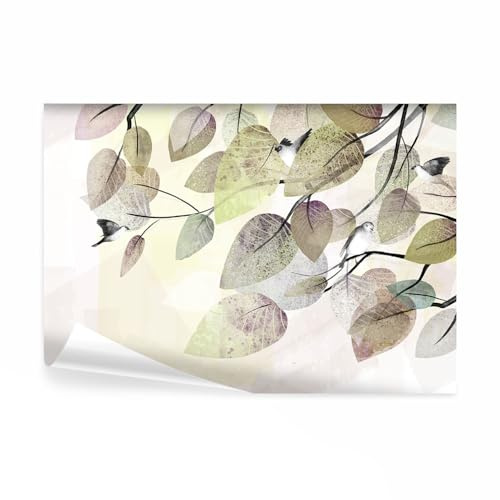 decomonkey Fototapete selbstklebend Baum Vogel, 294x210 cm, XXL, Blätter | Laub, Natur, Pflanzen, Ast, gelb, violett, Selbstklebende, Tapeten, Wand, Fototapeten, Tapete, Wandtapete, klebend