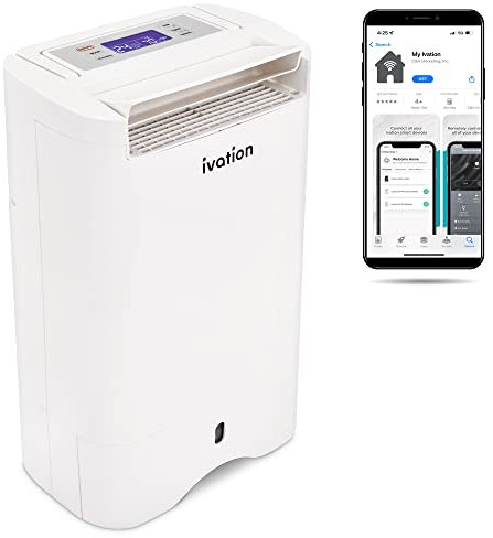 Ivation Deshumidificador inteligente WiFi, deshumidificador desecante compacto de 19 pintas con manguera de drenaje y control de smartphone, ideal para sótano, baño, caravana, oficina, cocina y