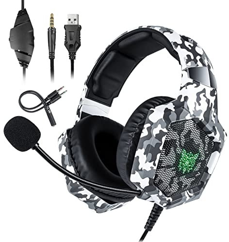 Skecten Gaming Headset with Mic, 50MM Driver Stereo Surround Sound, Cool RGB Light, Noise Cancelling Over Ear Headphones for PC Laptop PS4 PS5 Xbox One Switch (Camouflage White)