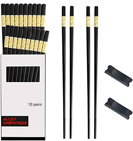 10 Paia Bacchette Cinesi, Bacchette da Cucina Bacchette Riutilizzabili Bacchette per Adulti Materiale in Lega, Bacchette per Casa, Ristorante con 2 Supporti per Bacchette(Jin Ruyi)