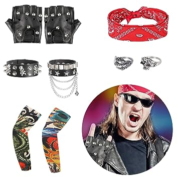 FASBET 9 Stück Rocker Kostüm Herren Rockstar Kostüm Kinder, Punker Kostüm Mann Punk Kostüm Damen, Disco Kostüm Herren Party Kostüm Männer, 70er 80er 90er Jahre Outfit Punker Accessoires Festival