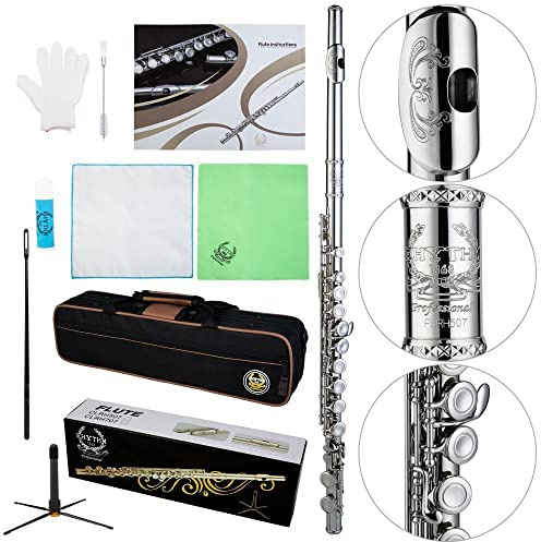 Rhythm C Flutes with Engraved Flower Closed Hole 16 Keys Flute For Student, Beginner with Stand, Carrying Case,Gloves,Joint Grease, Tuning Rod, Nickel