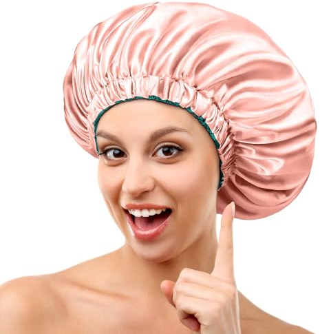mikimini Bonnet en Satin Bonnet en Soie pour Femmes Cheveux Bouclés, Bonnet de Cheveux de Couchage Double Couche Réversible Extra Large Bonnet de Cheveux Extensible (Vert + Rose)