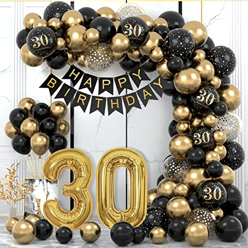 30. Geburtstag Deko Set für Mann und Frau - Happy Birthday Girlande, Ballons in Schwarz Gold, Konfetti - Party Decorations