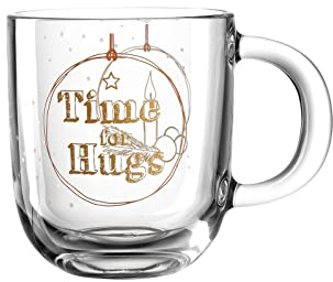 Leonardo Stella Geschenk Tasse 'Time for Hugs', 4er Set, spülmaschinengeeignete Glas-Tassen, Tee-Tassen mit goldenem Motiv, Weihnachten, 400 ml, 037337