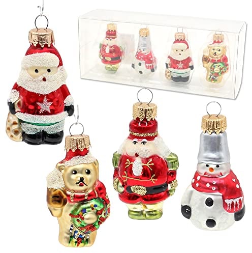 ***Lauschaer Christbaumschmuck - 4 teiliges Set - Weihnachtsmann, Schneemann, Nussknacker und Teddy -, mundgeblasen und handdekoriert, ca. 4 cm, mit goldenem Krönchen