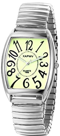 JewelryWe Uhren Herren Analog Quarz Armbanduhr Klassisch Rechteckig Elastisch Legierung Armband Beiläufige Uhr Herrenuhr mit grünem großen Digital Zifferblatt Silber