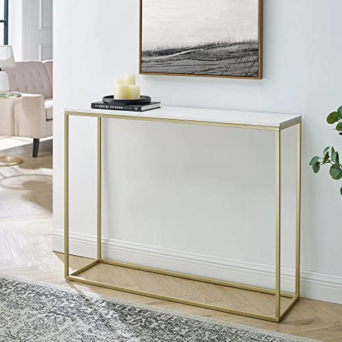 URBNLIVING 2-Tier Console Table, Industrial Sofa Table With Metal Frame, Side Table for Home, Office, Small Spaces, Hallway, Entrance Way (Faux White Marble and Gold Legs)