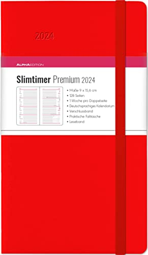 Slimtimer Premium Red 2024 - Taschen-Kalender 9x15,6 cm - mit Verschlussband & Falttasche - Balacron Einband - Weekly - 128 Seiten - Alpha Edition