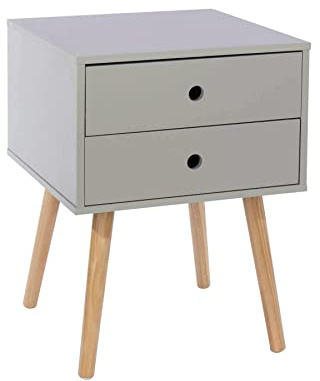 Home Source Bedside Table, Bedroom Side Table Nightstand Cabinet, Wooden Legs, 2 Storage Drawers, Grey