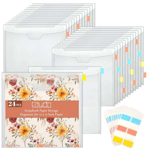 Caydo 24 Piece 12x12 Inch Paper Storage Organizer with Buckle Design Scrapbooking Paper Storage Organizer 60pcs for Scrapbooking, Vinyl and Cardstock 30x30