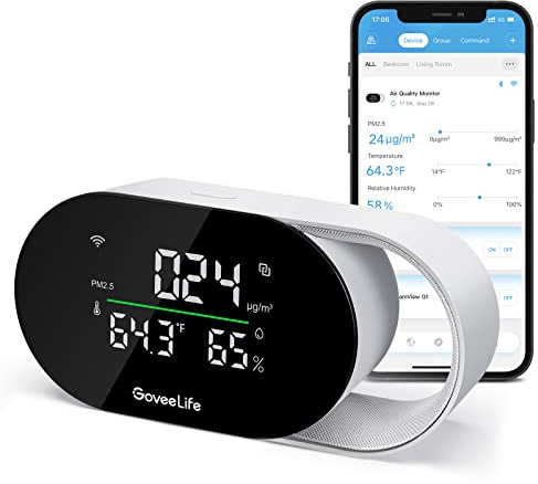 GoveeLife Smart Air Quality Monitor with PM2.5, WiFi, Temperature & Humidity Sensors, LED Display, 2s Refresh, 2-Year Data Storage, for Home & Office