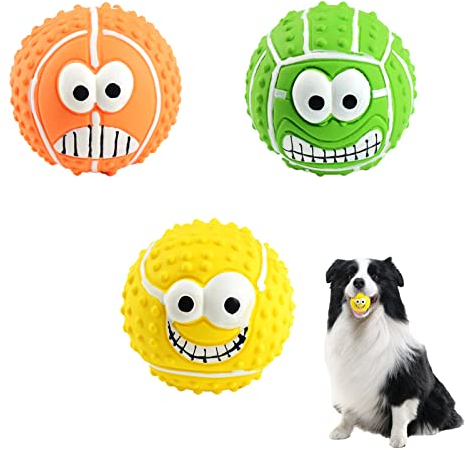 Gukasxi 3 Stück Quietschende Hundebälle, Latex Hunde Quietsch Spielzeug, 3.1'' Weiche Bouncy Fetch Bälle für Mittlere Kleine Haustiere Interaktives Spielen, Smiley Gesicht Kauspielzeug (Farbig A)