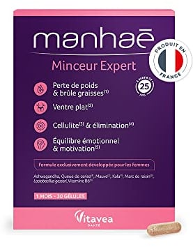 Manhaé - Minceur Expert - Complément Alimentaire Minceur - Perte de Poids, Brûle Graisse, Ventre Plat, Eliminination, Cellulite - Lactobacillus Gasseri, Queue de Cerise - Programme 1 Mois - 30 Gélules