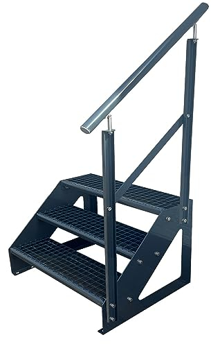 Kaminbau Mierzwa Premium Treppe Freistehend 3 Stufen Anthrazit Geländer Rechts (Breite 800 mm) (Höhe 57cm) (Wangen: Anthrazit) (Stufen: Anthrazit)