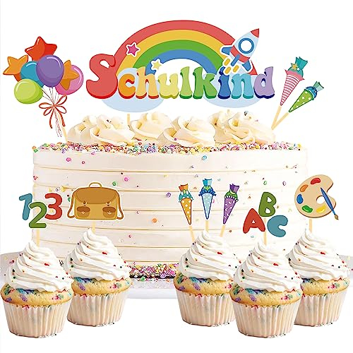20 Stück Schulanfang Tortendeko, Tortendeko Einschulung Deko, Schultüte Schuleinführung Deko Cupcake Topper für Schulkind, Junge und Mädchen Einschulung Deko