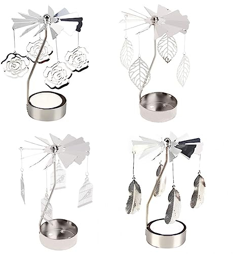 4 Stück Rotierende Kerzenhalter Glas, Silber Karussell-Teelicht Kerzenständer Vintage Teelichthalter Kerzenhalter für Hochzeit Weihnachten Geburtstag Zuhause Party Dekoration Tischdekoration