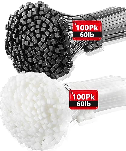 Collier de Serrage Plastique 300mm x 3,6mm, 200 Pièces Colliers Rilsan Noir et Blanc, Serre-Cables Nylon, Attaches de Cable Résistantes aux UV pour Extérieur