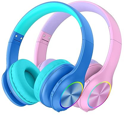 Bluetcooth 2023 - Cuffie per bambini dai 3 ai 21 anni, luci LED colorate, comode cuffie wireless con microfono, volume limitato di 94 dB, per scuola/iPad/PC/TV/cellulari, modalità cablata e scheda TF,