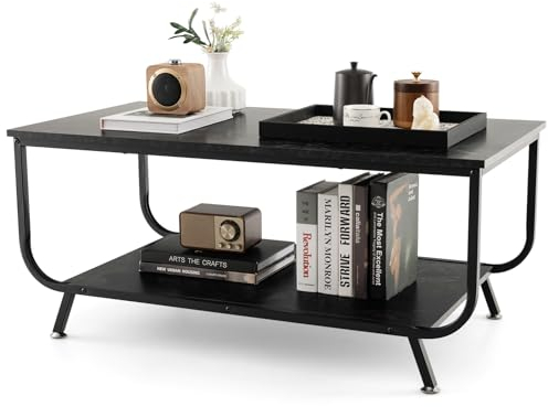 COSTWAY Couchtisch Marmor Optik, Wohnzimmertisch mit unterer Ablage, Sofatisch mit Metallrahmen, Kaffeetisch für Wohnzimmer, Büro, 105 x 55 x 46,5 cm (Schwarz)