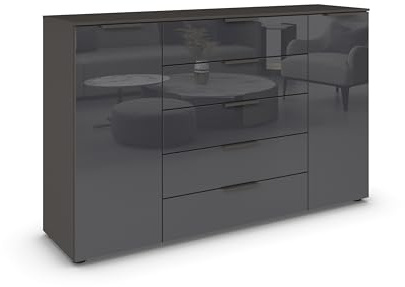 Rauch Möbel Flipp, Kommode, Farbe Glas Basalt/Graphit, Breite 160 cm | Sideboard, 2-türig, 5 Schubladen, Glasfront, Soft-Close-Funktion, für Schlafzimmer, Gästezimmer, Wohnzimmer, Garderobe, Flur