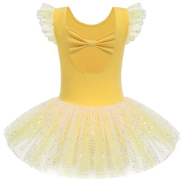 Arshiner Mädchen Kurze Ärmel Glitter Ballettanzug Ballettkleid Tanz Ballett Tutu Leotard Ballerina Outfit für Mädchen Kleinkind Gelb 150